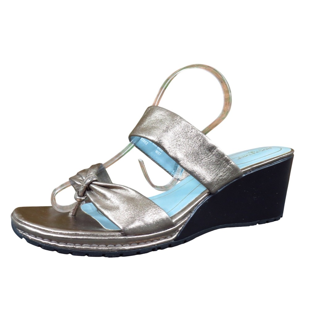 Rockport Womens 8.5 Wide Gold Metallic Leather Wedge Sandal Bow Comfort Style